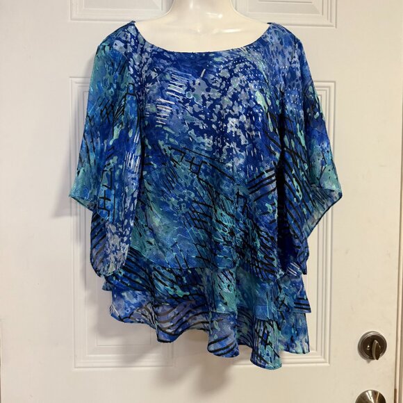 Alex Evenings Women’s Blue Abstract Poncho Blouse Top Size 2X Glam Country Club - Picture 3 of 7